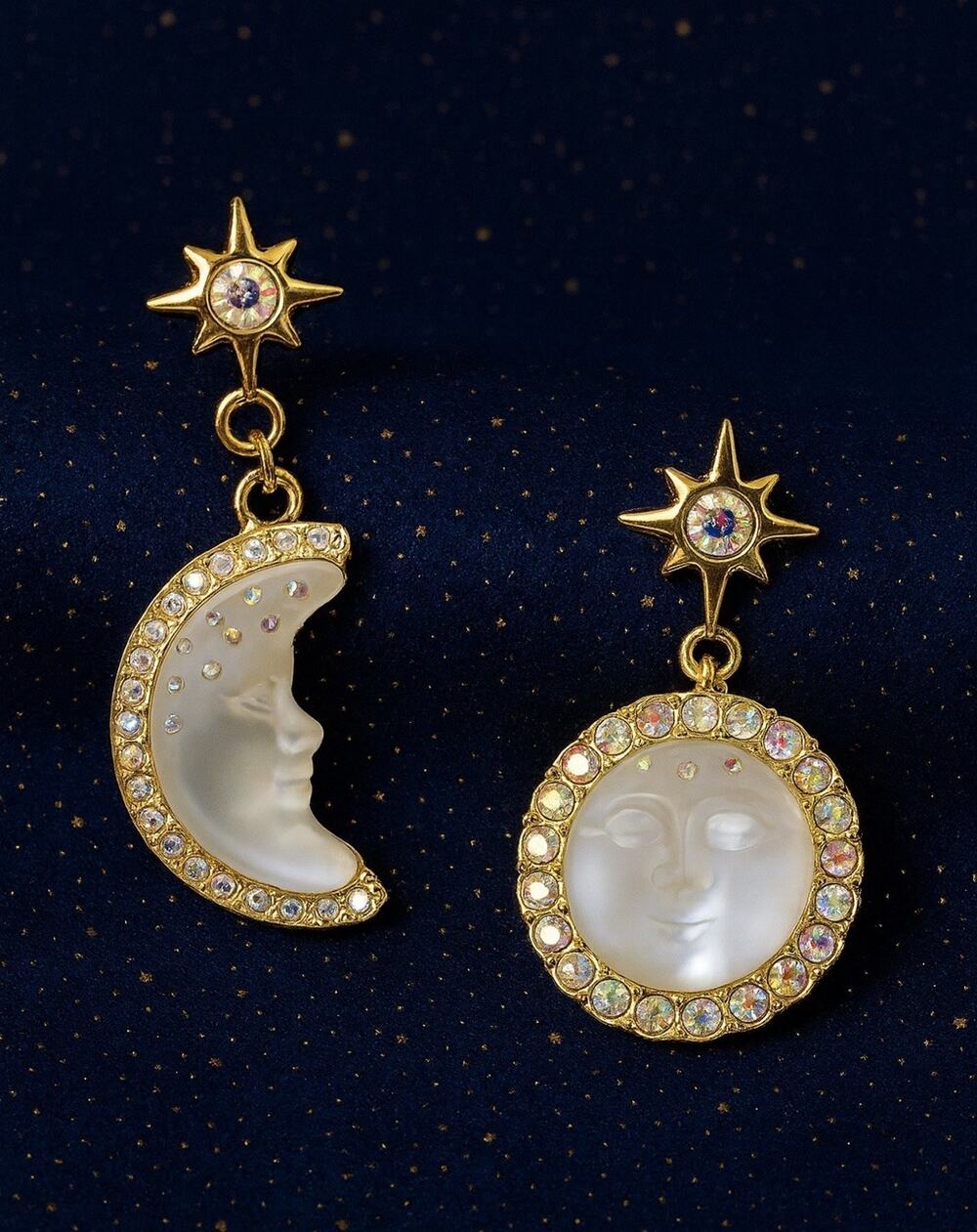 Sun Moon Star Earrings Face Mismatch Gold Deco Celestial Glass CZ Asymmetric